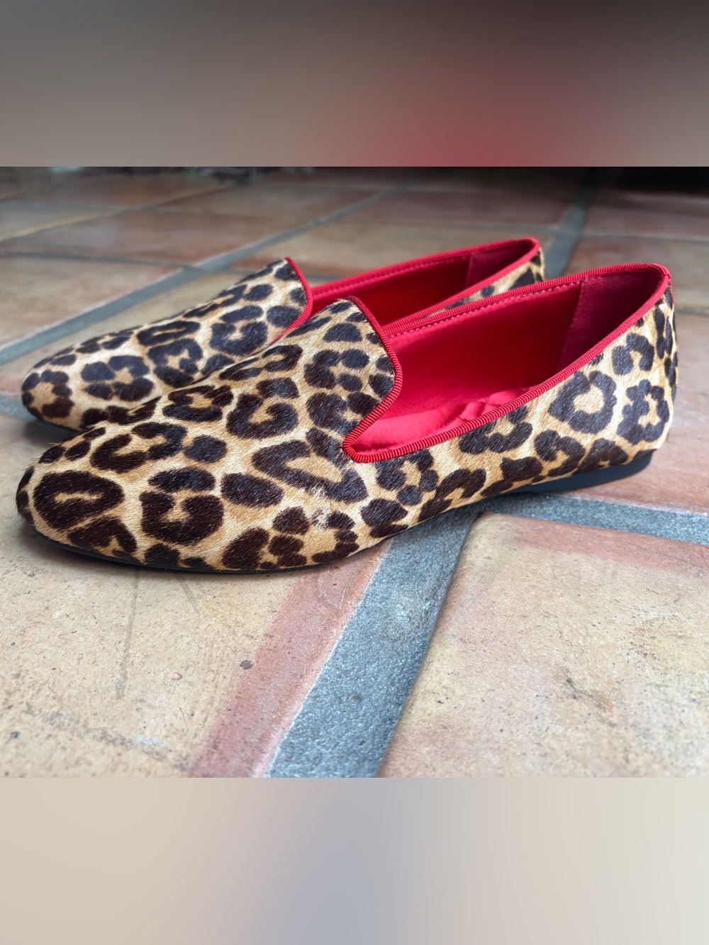 Birdies Calf Hair Leopard Print Flats with Red Trim, Size 8.5